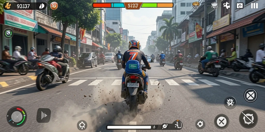 Tampilan gameplay balapan motor yang mendebarkan dan menantang.