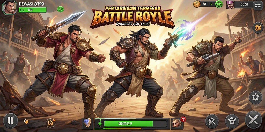 Screenshot gameplay DEWASLOT99 menampilkan aksi pertarungan seru di pulau.