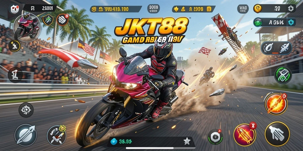 Screenshot utama JKT88 menampilkan aksi seru balapan motor.