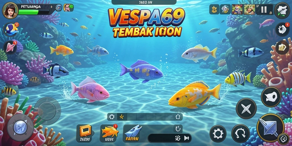 Tampilan gameplay VESPA69 yang menampilkan aksi seru menembak ikan.